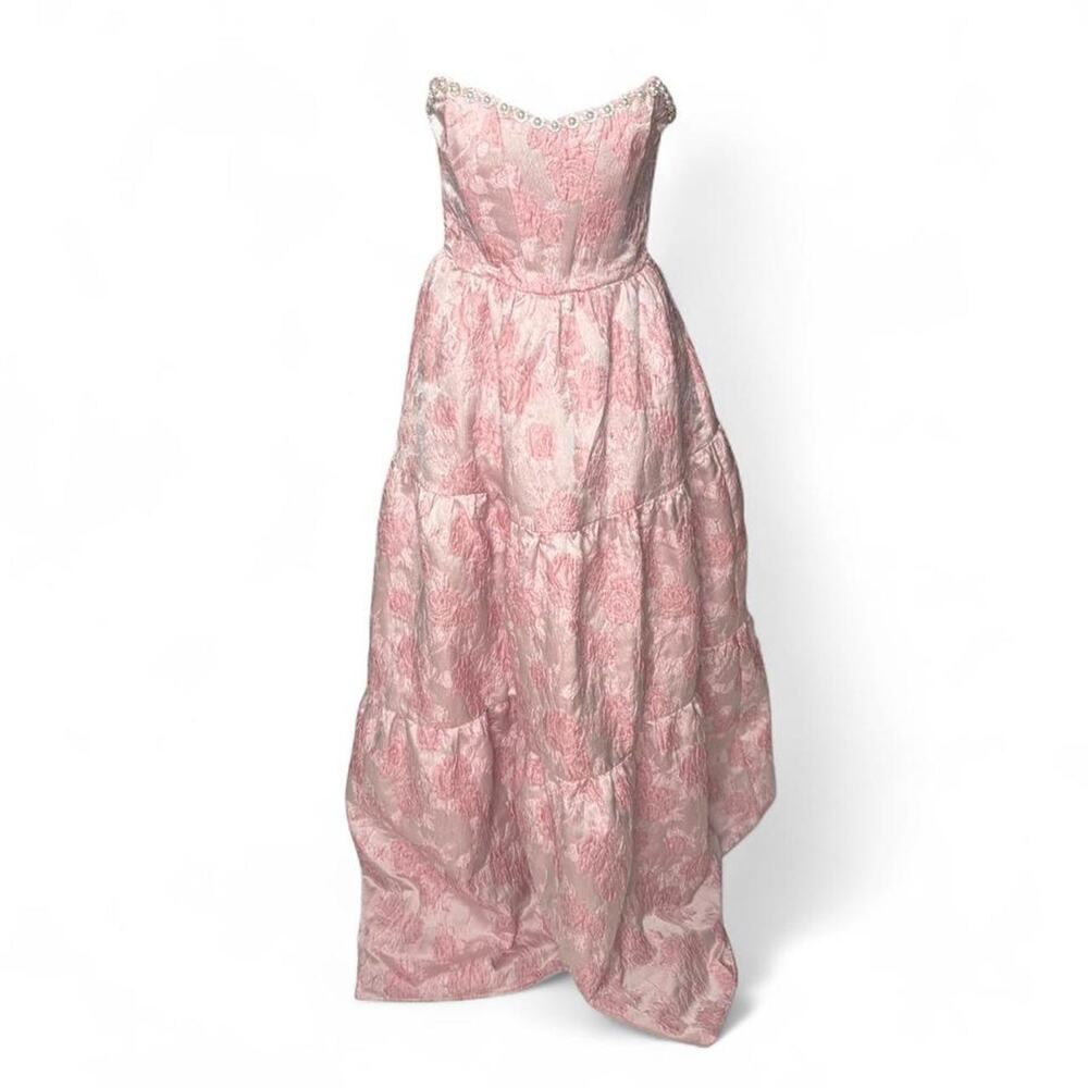 Altar'd State Pearl Trim Floral Brocade Tiered Maxi Dress Pink XXS
